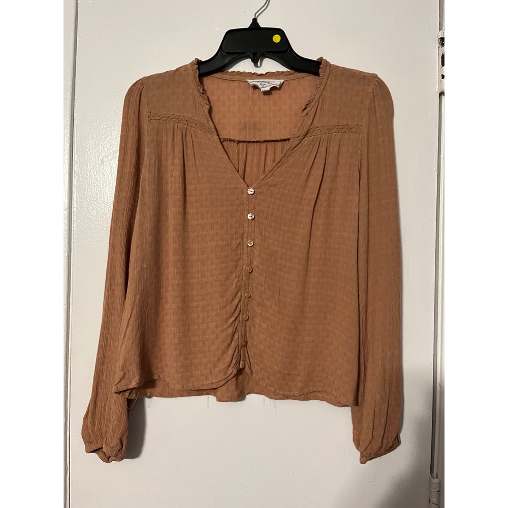 Hippie Rose Terracotta Brown Clip Dot Button Front V-Neck Blouse HF3W21018 Small